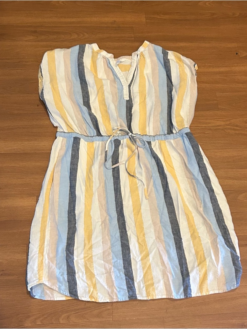 Coastal style Striped Drawstring Waist linen Summer Dress Yellow Blue Gray White